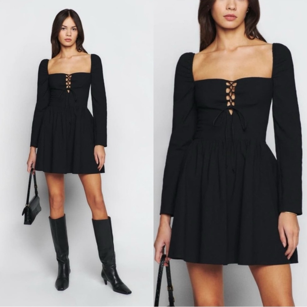 Reformation Black Square-Neck Lace-Up Long Sleeve Mini